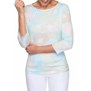 Ruby Rd Top Large Womens Pastel Floral 3/4 Sleeve Embellished Boat Neck